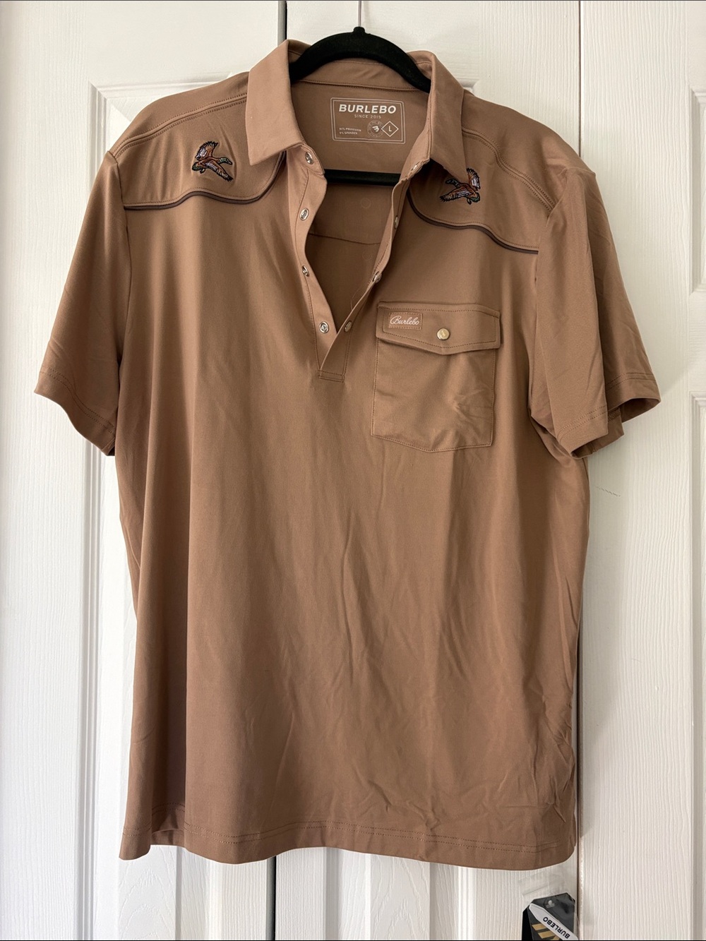 BURLEBO Men's Tan Polo with Embroidered Bird Accents